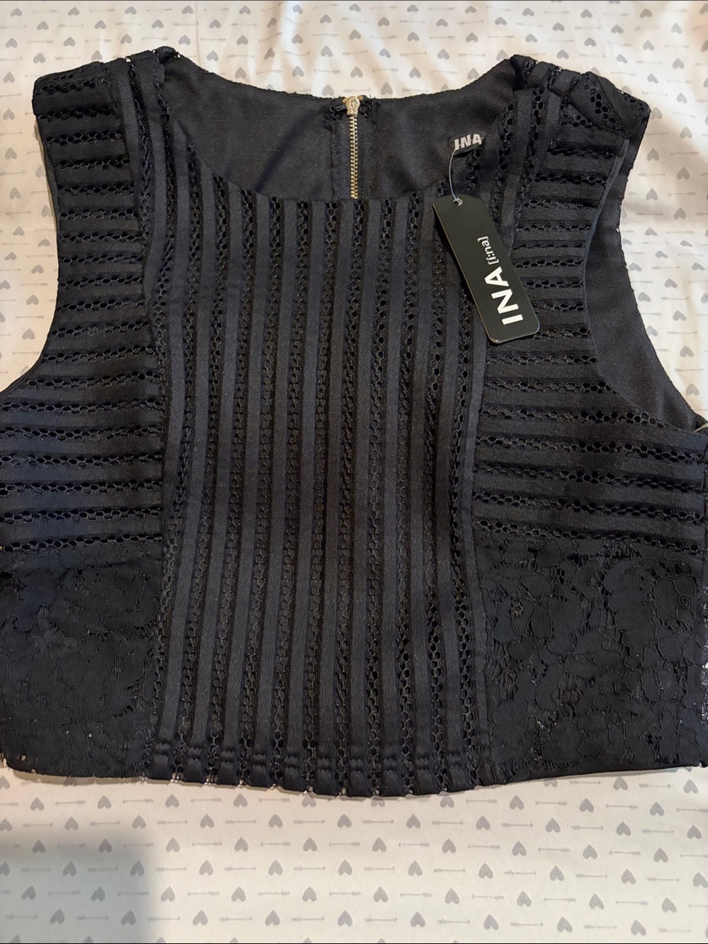 Ina Women’s Black Lace-Designed Vertical-Stripe Sleeveless Crop Blouse Small